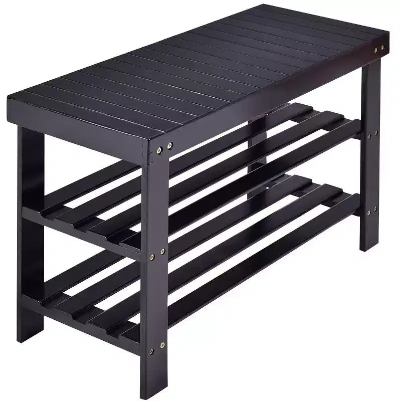 Costway Banc range-chaussures 3 niveaux en bambou Étagère de rangement Organisateur Meuble d'entrée Maison Noir