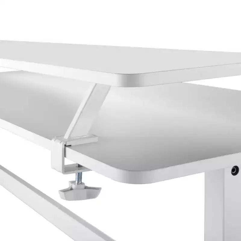 Tranzendesk Bureau Debout avec Étagère à Fixation par Pince - Poste de Travail 55 Assis-Debout avec Support Moniteur 55 - Blanc - Stand Steady