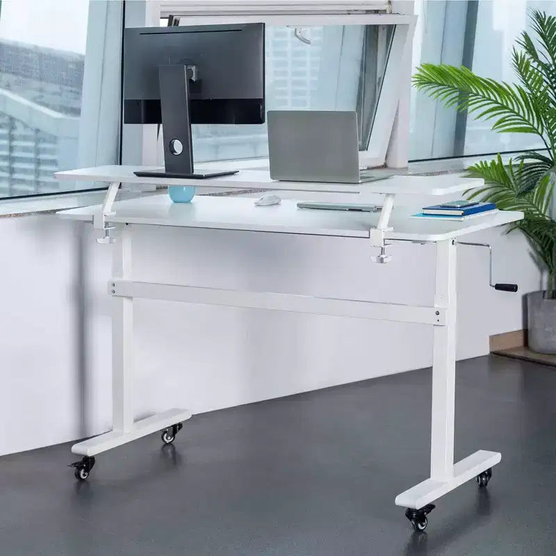 Tranzendesk Bureau Debout avec Étagère à Fixation par Pince - Poste de Travail 55 Assis-Debout avec Support Moniteur 55 - Blanc - Stand Steady