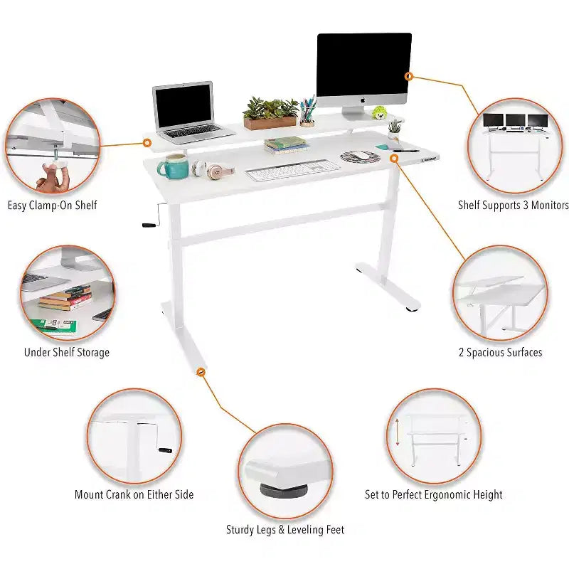 Tranzendesk Bureau Debout avec Étagère à Fixation par Pince - Poste de Travail 55 Assis-Debout avec Support Moniteur 55 - Blanc - Stand Steady