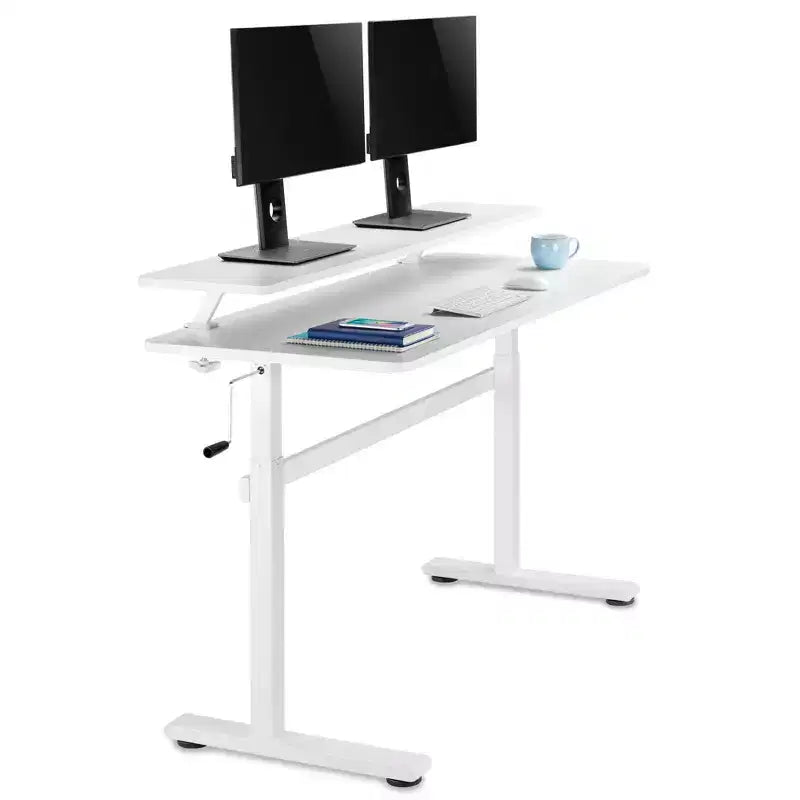 Tranzendesk Bureau Debout avec Étagère à Fixation par Pince - Poste de Travail 55 Assis-Debout avec Support Moniteur 55 - Blanc - Stand Steady
