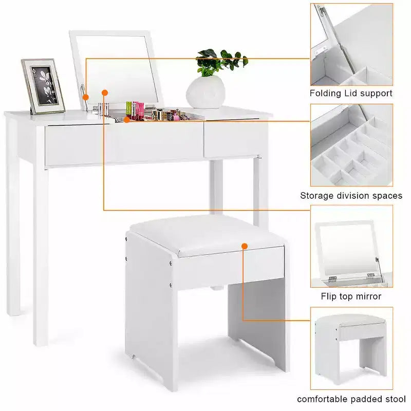 Costway Coiffeuse Blanche avec Tabouret et Boîte de Rangement