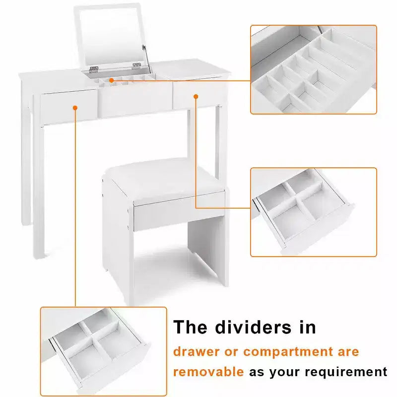 Costway Coiffeuse Blanche avec Tabouret et Boîte de Rangement