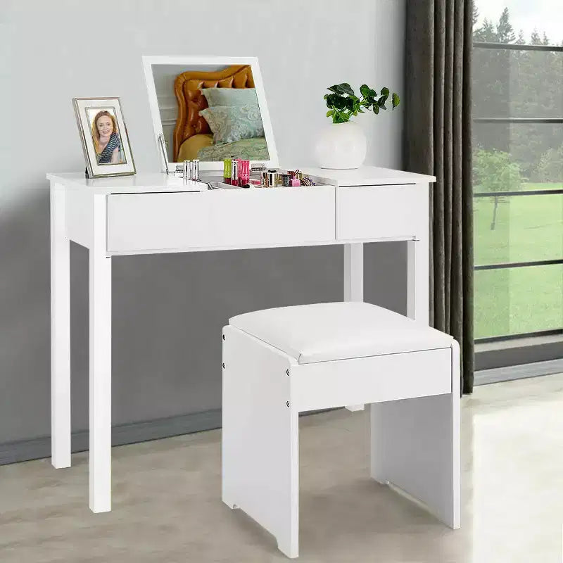 Costway Coiffeuse Blanche avec Tabouret et Boîte de Rangement
