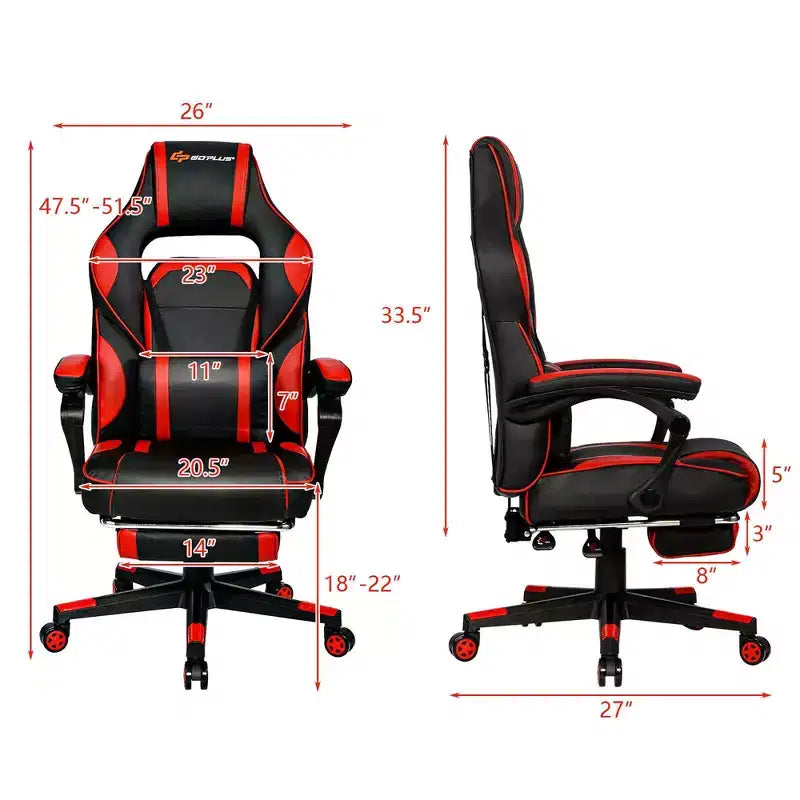 Costway Fauteuil de Massage Gaming Inclinable, Fauteuil de Bureau de Course pour Ordinateur avec Repose-Pieds Blanc/Noir/Bleu/Rouge