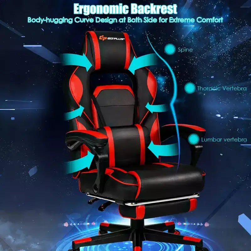 Costway Fauteuil de Massage Gaming Inclinable, Fauteuil de Bureau de Course pour Ordinateur avec Repose-Pieds Blanc/Noir/Bleu/Rouge