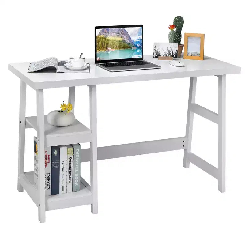 Costway Trestle Computer Desk Home Office Workstation w/Removable Shelves Vintage BlueWhite