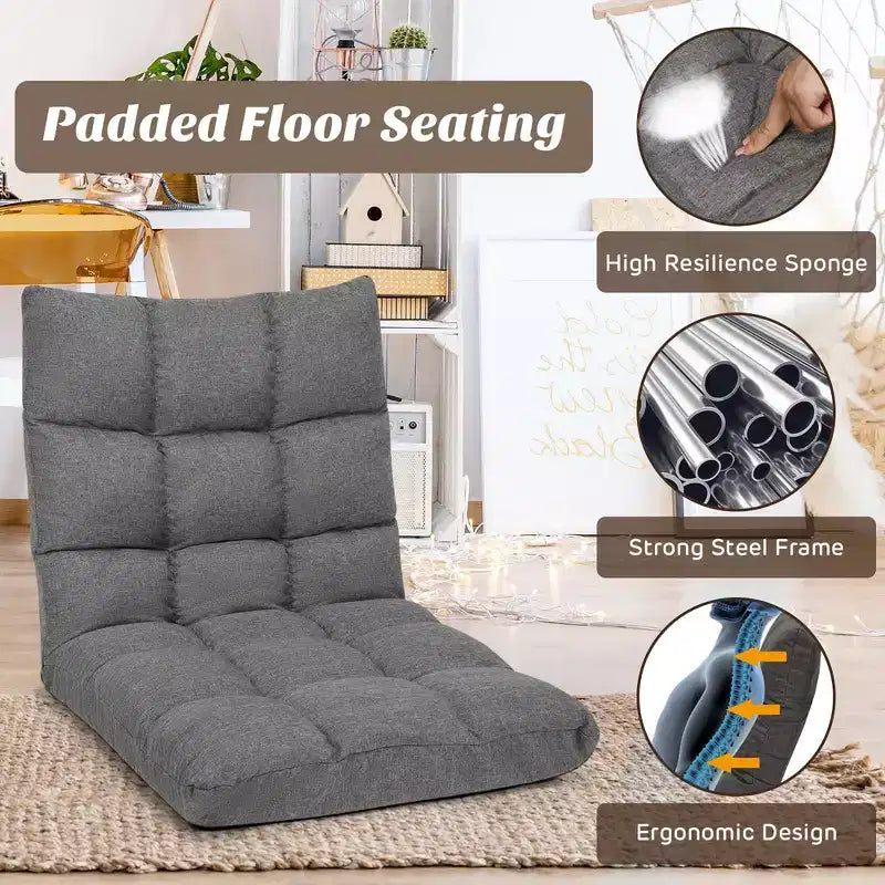 Costway Chaise de Sol Réglable 14 Positions Pliante Fauteuil de Sol Relax Canapé de Jeu Gris/Bleu/Café