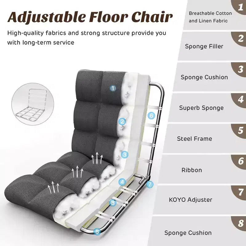 Costway Chaise de Sol Réglable 14 Positions Pliante Fauteuil de Sol Relax Canapé de Jeu Gris/Bleu/Café