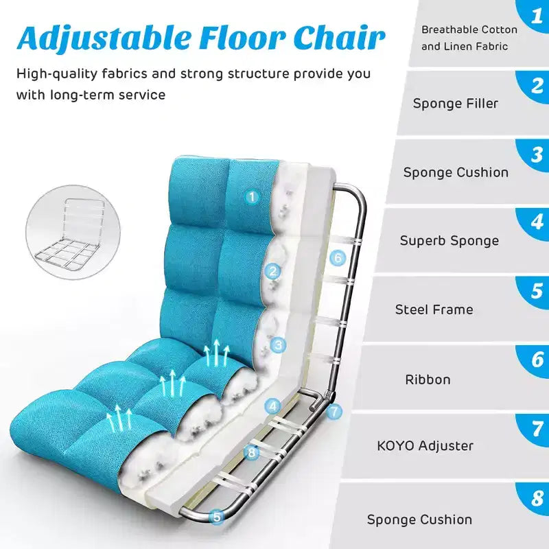 Costway Chaise de Sol Réglable 14 Positions Pliante Fauteuil de Sol Relax Canapé de Jeu Gris/Bleu/Café