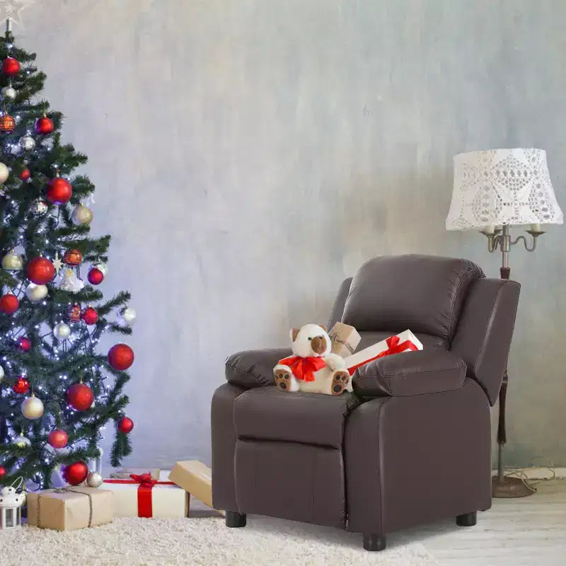 Costway Fauteuil inclinable de luxe rembourré pour enfant avec accoudoirs et rangement Marron