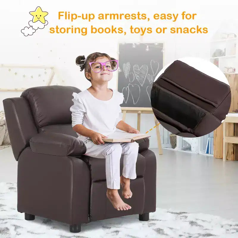 Costway Fauteuil inclinable de luxe rembourré pour enfant avec accoudoirs et rangement Marron