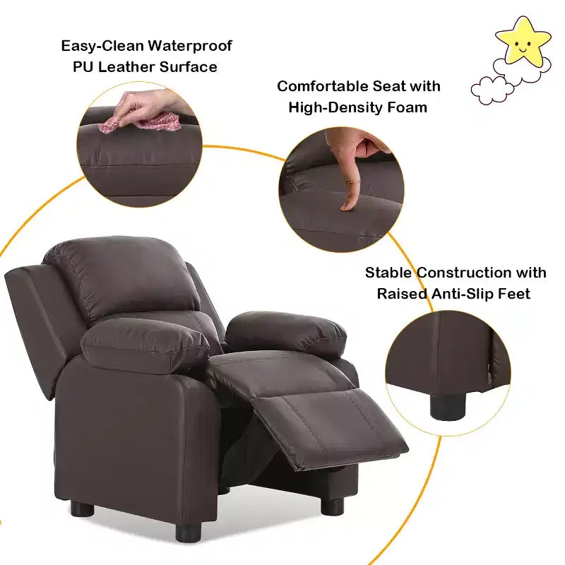 Costway Fauteuil inclinable de luxe rembourré pour enfant avec accoudoirs et rangement Marron