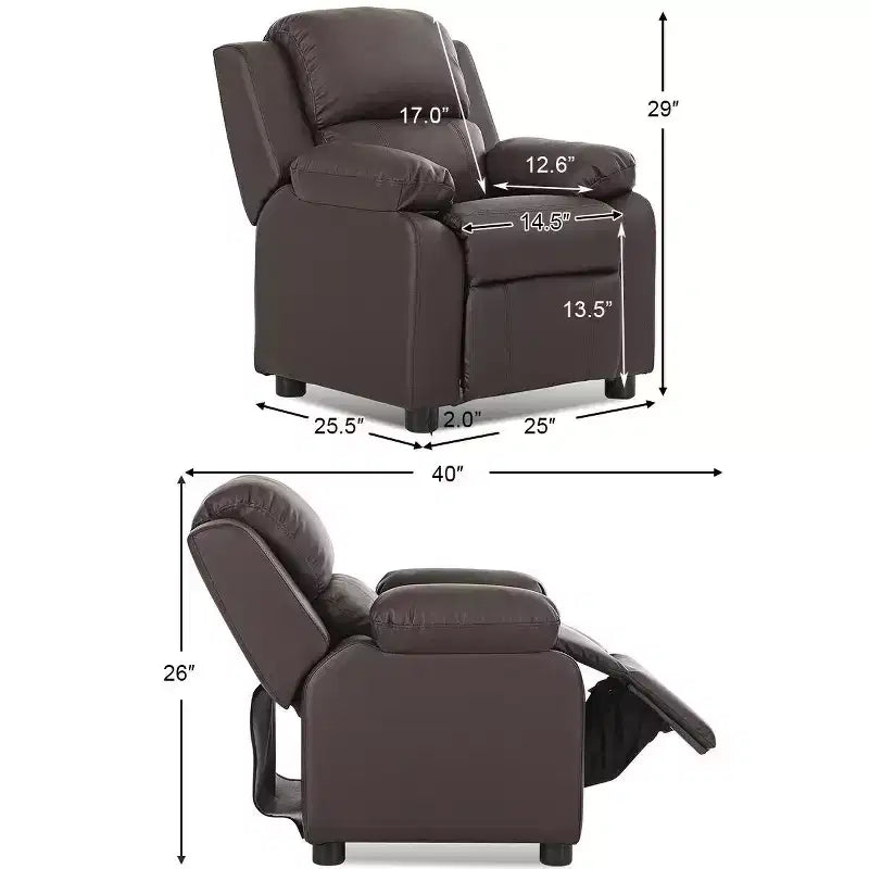 Costway Fauteuil inclinable de luxe rembourré pour enfant avec accoudoirs et rangement Marron