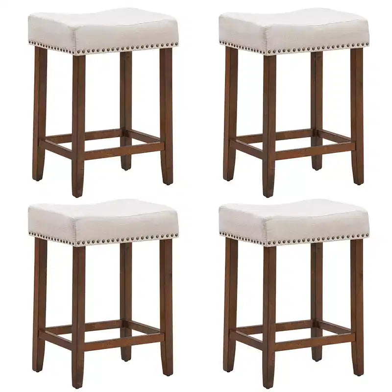 Costway Set of 4 Nailhead Saddle Bar Stools 24'' Height w/ Fabric Seat & Wood Legs Beige\Gray