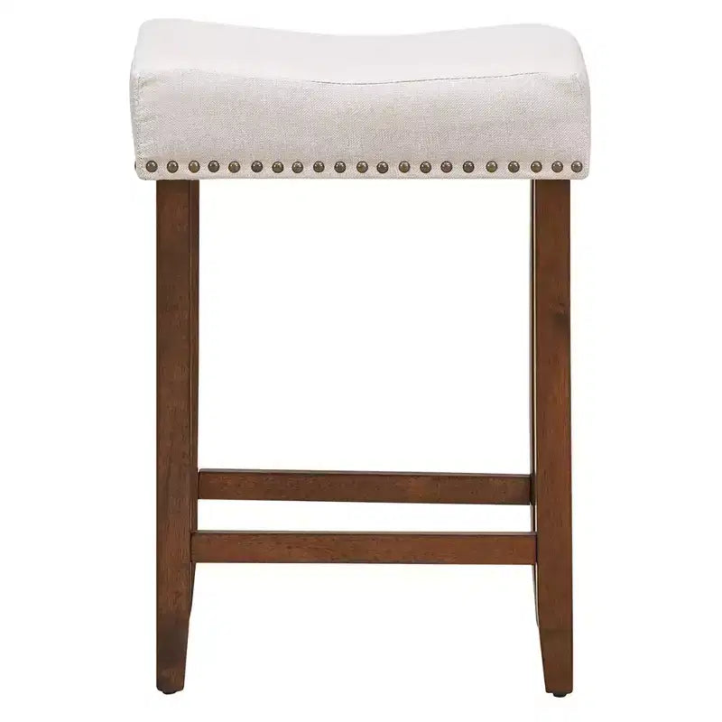 Costway Lot de 4 tabourets de bar en forme de selle cloutés, hauteur 61 cm, avec assise en tissu et pieds en bois, beige/gris