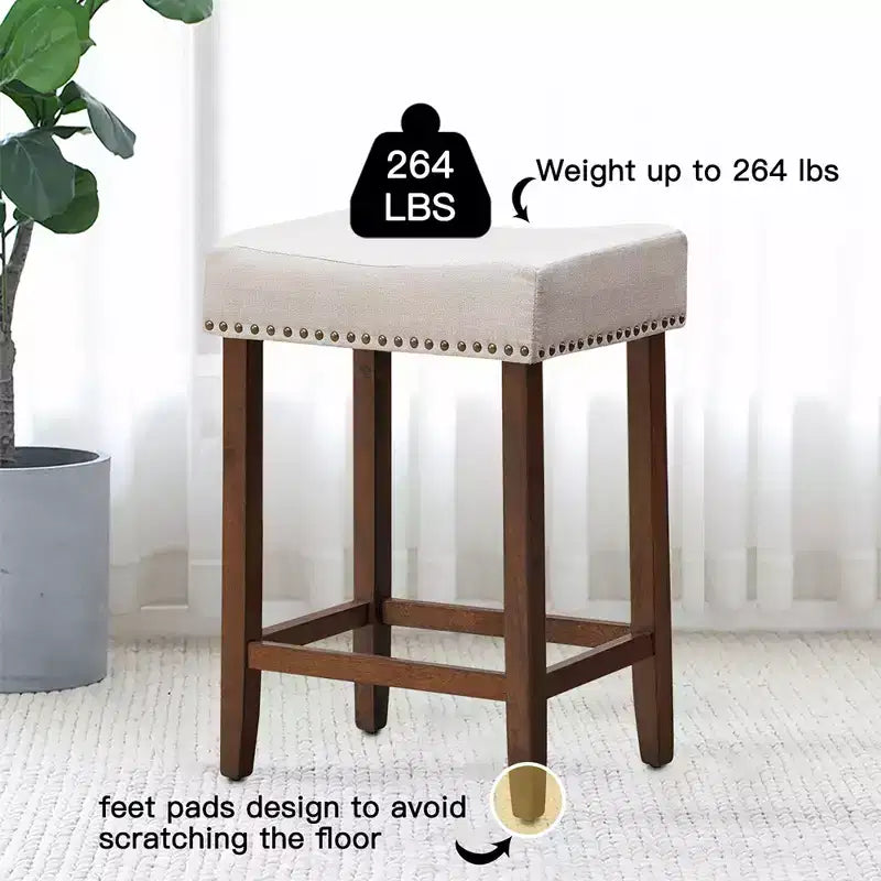 Costway Lot de 4 tabourets de bar en forme de selle cloutés, hauteur 61 cm, avec assise en tissu et pieds en bois, beige/gris