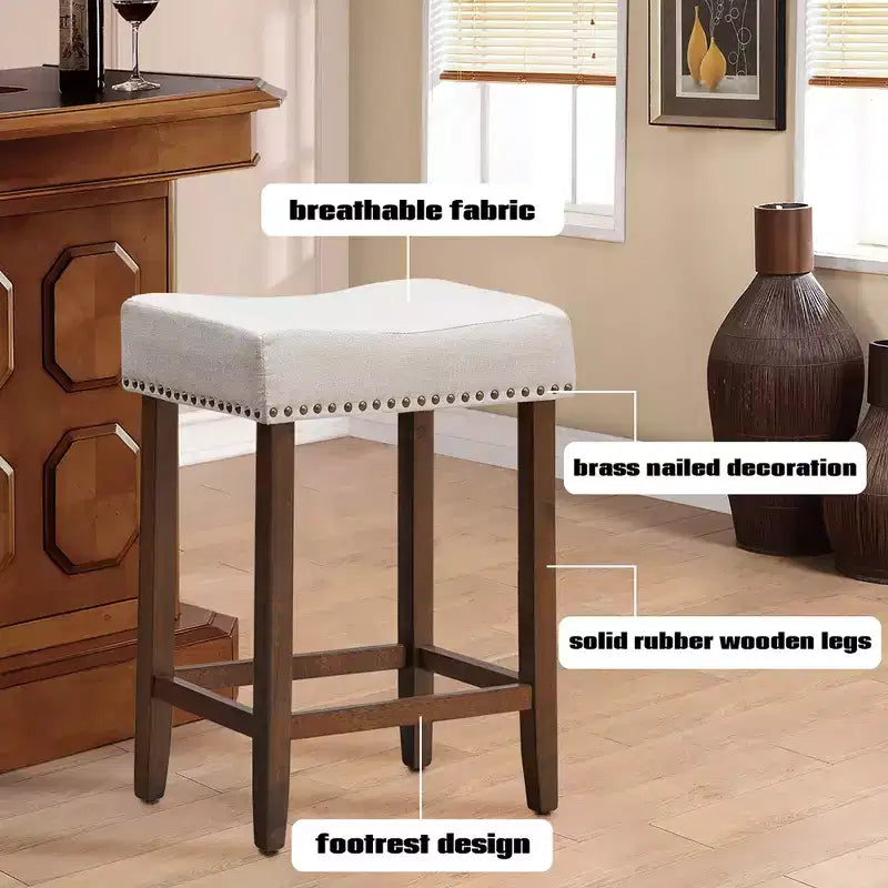 Costway Lot de 4 tabourets de bar en forme de selle cloutés, hauteur 61 cm, avec assise en tissu et pieds en bois, beige/gris