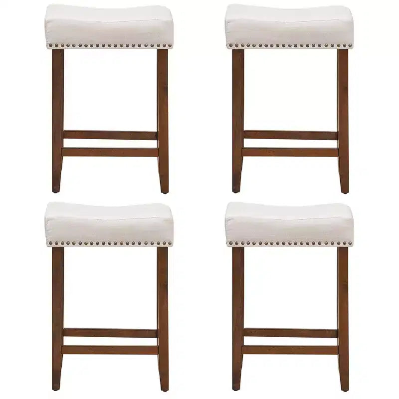 Costway Lot de 4 tabourets de bar en forme de selle cloutés, hauteur 61 cm, avec assise en tissu et pieds en bois, beige/gris