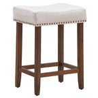 Costway Lot de 4 tabourets de bar en forme de selle cloutés, hauteur 61 cm, avec assise en tissu et pieds en bois, beige/gris