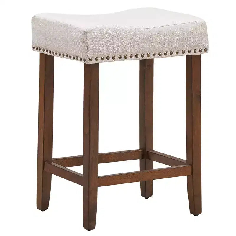 Costway Lot de 4 tabourets de bar en forme de selle cloutés, hauteur 61 cm, avec assise en tissu et pieds en bois, beige/gris
