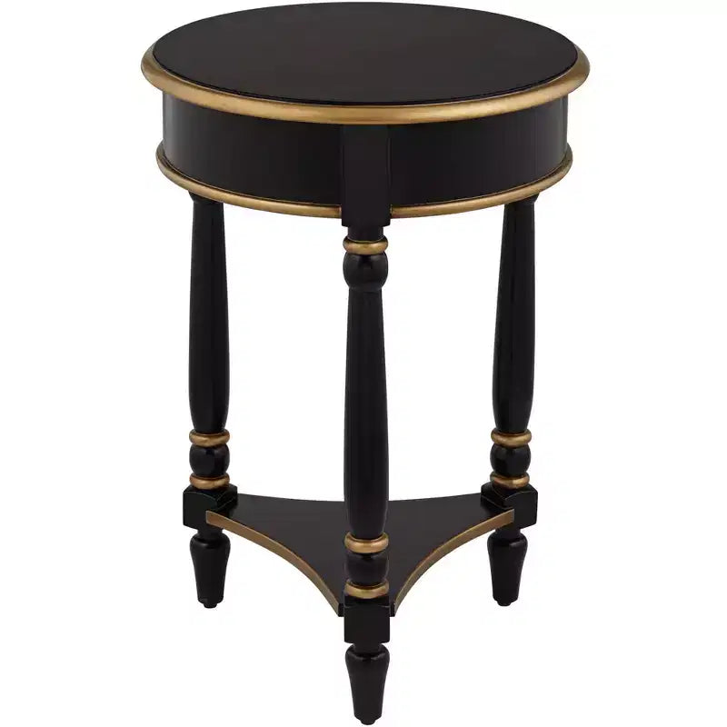 55 Downing Street Cason Table d'appoint ronde vintage en bois 46 cm de large avec étagère Noir garni d'or pour salon, chambre à coucher, chevet, entrée, maison