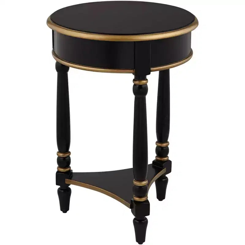 55 Downing Street Cason Table d'appoint ronde vintage en bois 46 cm de large avec étagère Noir garni d'or pour salon, chambre à coucher, chevet, entrée, maison