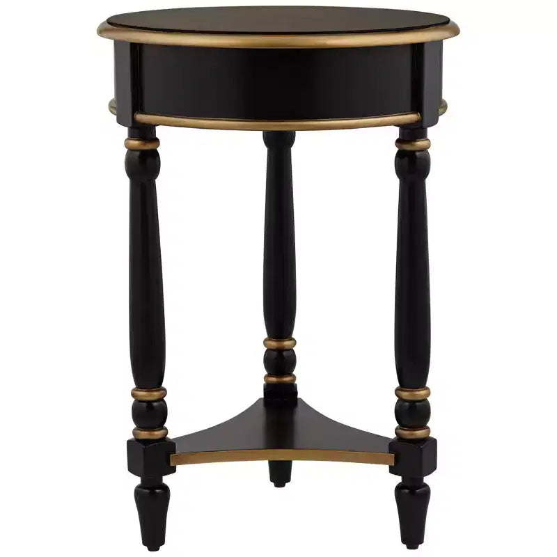 55 Downing Street Cason Table d'appoint ronde vintage en bois 46 cm de large avec étagère Noir garni d'or pour salon, chambre à coucher, chevet, entrée, maison