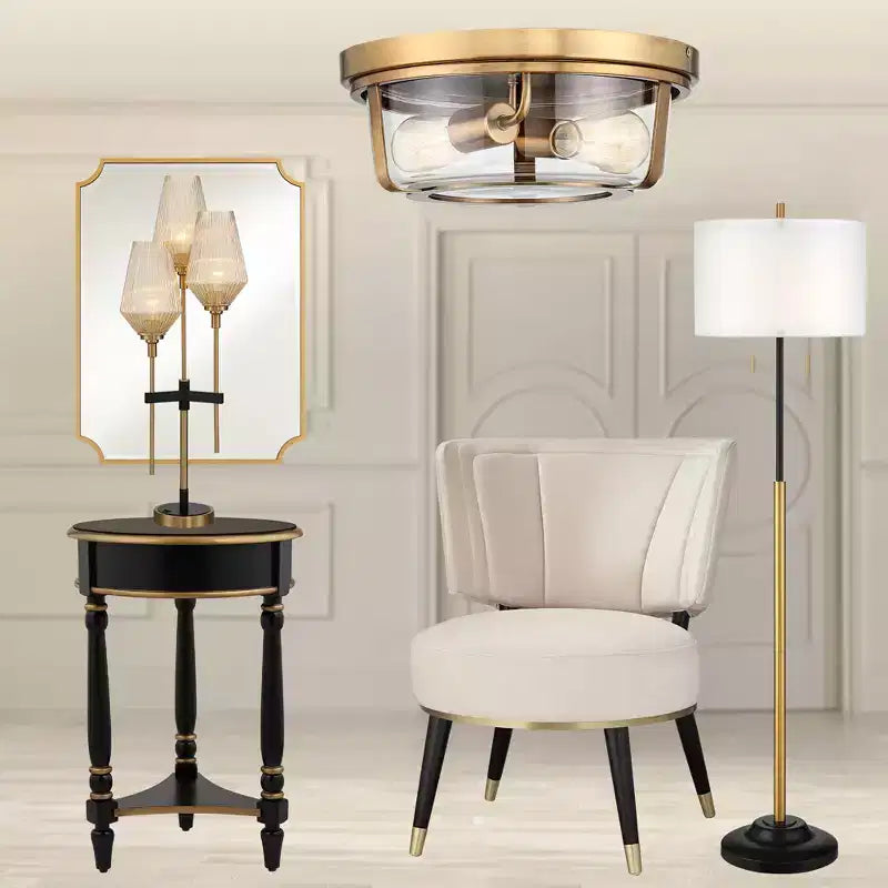 55 Downing Street Cason Table d'appoint ronde vintage en bois 46 cm de large avec étagère Noir garni d'or pour salon, chambre à coucher, chevet, entrée, maison