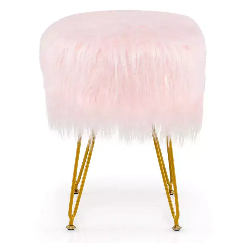 Costway Chaise de coiffeuse en fausse fourrure Tabouret de maquillage Siège rond rembourré Pouf Rose/Blanc