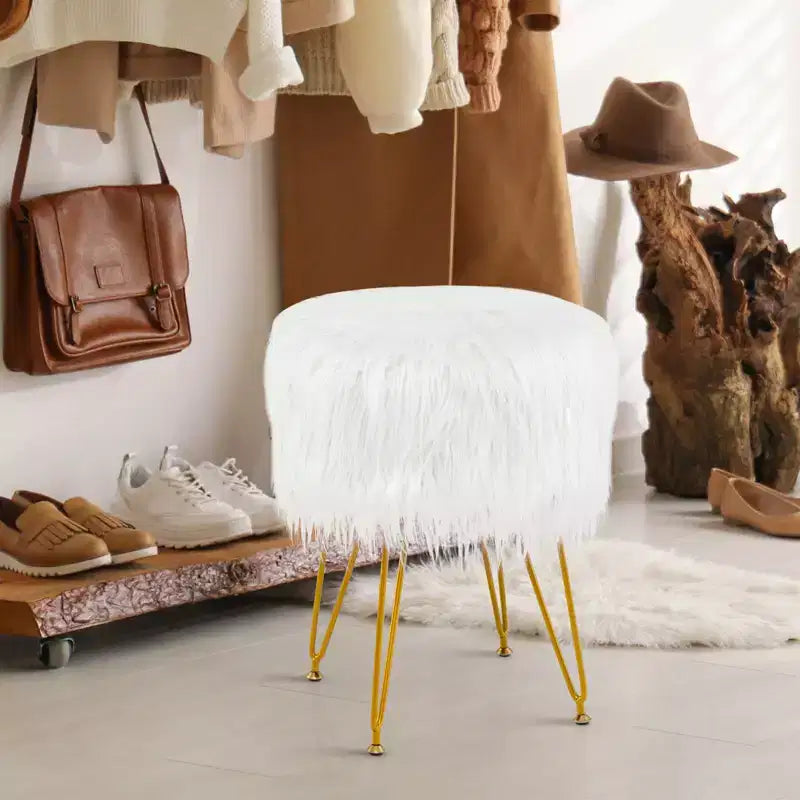 Costway Chaise de coiffeuse en fausse fourrure Tabouret de maquillage Siège rond rembourré Pouf Rose/Blanc
