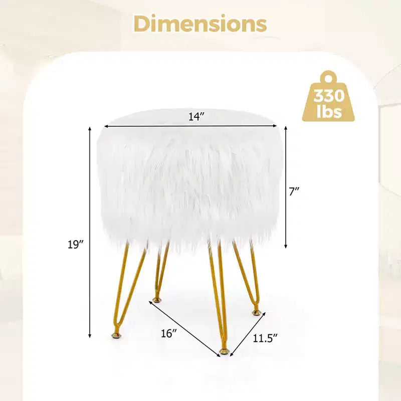 Costway Chaise de coiffeuse en fausse fourrure Tabouret de maquillage Siège rond rembourré Pouf Rose/Blanc
