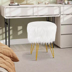 Costway Chaise de coiffeuse en fausse fourrure Tabouret de maquillage Siège rond rembourré Pouf Rose/Blanc