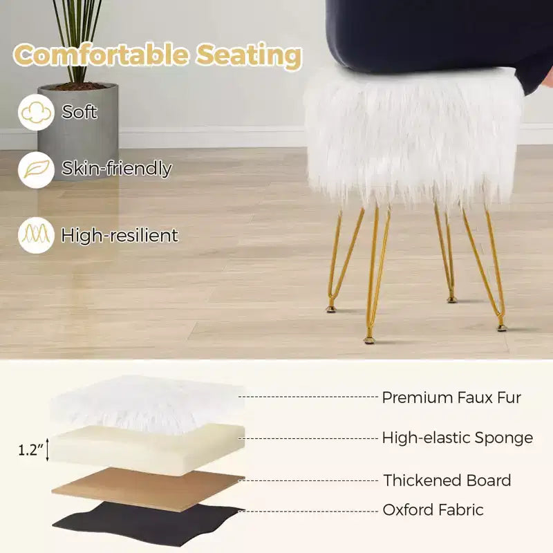 Costway Chaise de coiffeuse en fausse fourrure Tabouret de maquillage Siège rond rembourré Pouf Rose/Blanc