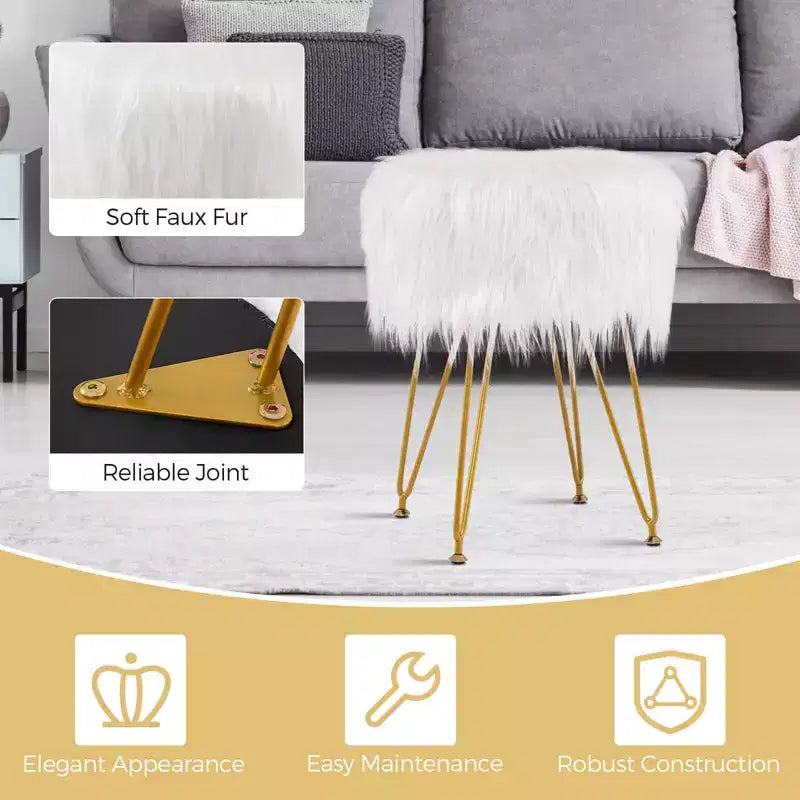 Costway Chaise de coiffeuse en fausse fourrure Tabouret de maquillage Siège rond rembourré Pouf Rose/Blanc