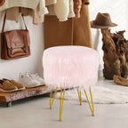 Costway Chaise de coiffeuse en fausse fourrure Tabouret de maquillage Siège rond rembourré Pouf Rose/Blanc
