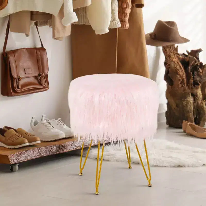 Costway Chaise de coiffeuse en fausse fourrure Tabouret de maquillage Siège rond rembourré Pouf Rose/Blanc