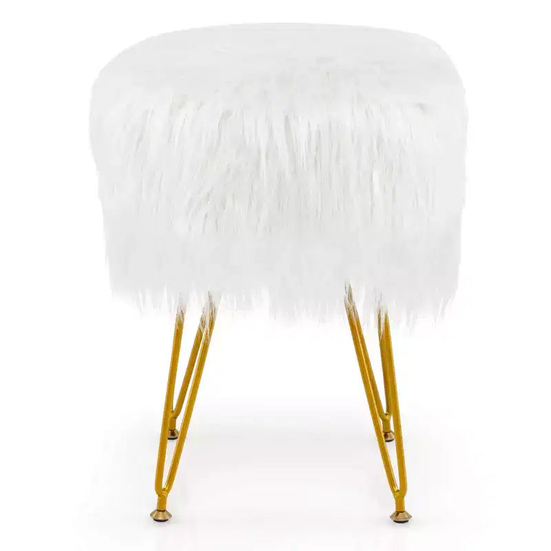 Costway Chaise de coiffeuse en fausse fourrure Tabouret de maquillage Siège rond rembourré Pouf Rose/Blanc