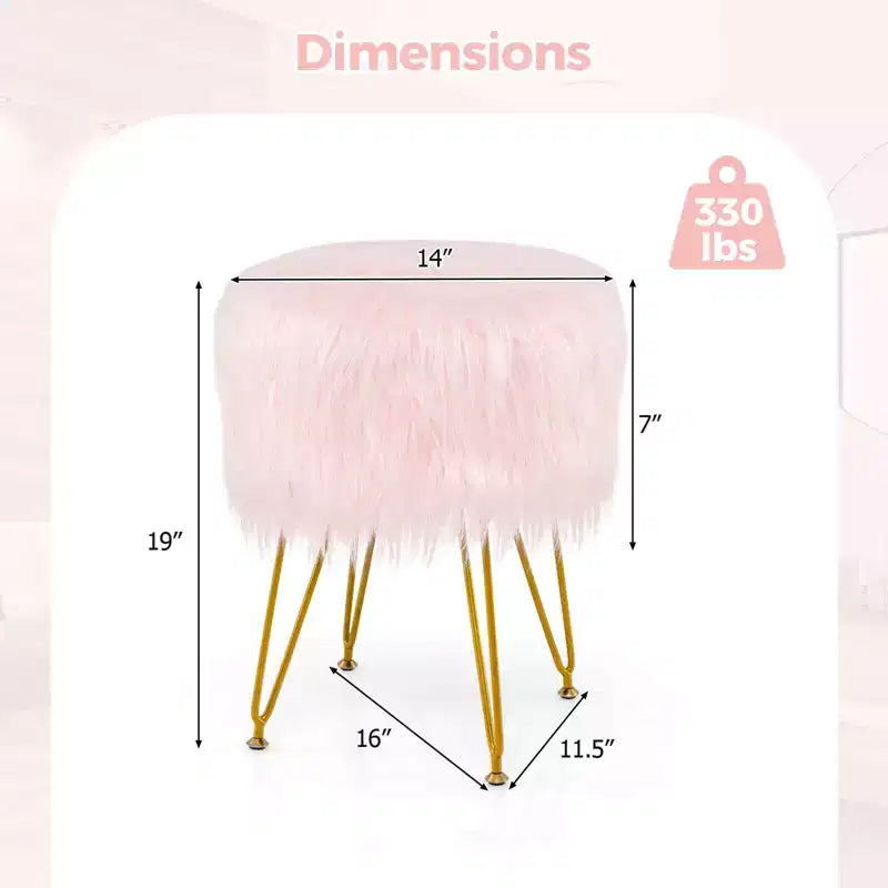 Costway Chaise de coiffeuse en fausse fourrure Tabouret de maquillage Siège rond rembourré Pouf Rose/Blanc