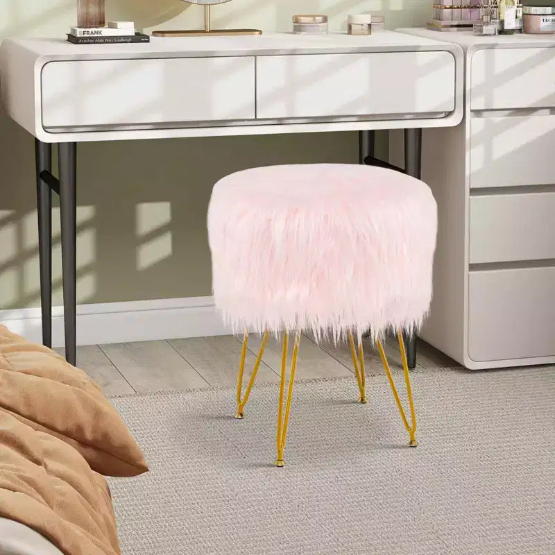 Costway Chaise de coiffeuse en fausse fourrure Tabouret de maquillage Siège rond rembourré Pouf Rose/Blanc