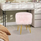 Costway Chaise de coiffeuse en fausse fourrure Tabouret de maquillage Siège rond rembourré Pouf Rose/Blanc