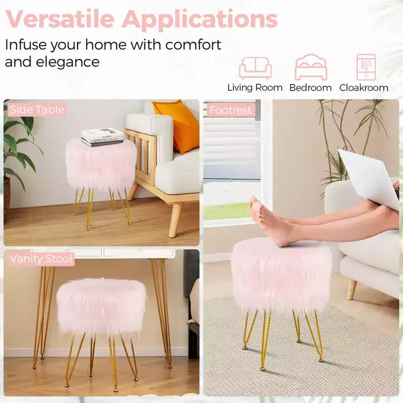 Costway Chaise de coiffeuse en fausse fourrure Tabouret de maquillage Siège rond rembourré Pouf Rose/Blanc