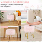 Costway Chaise de coiffeuse en fausse fourrure Tabouret de maquillage Siège rond rembourré Pouf Rose/Blanc