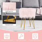 Costway Chaise de coiffeuse en fausse fourrure Tabouret de maquillage Siège rond rembourré Pouf Rose/Blanc