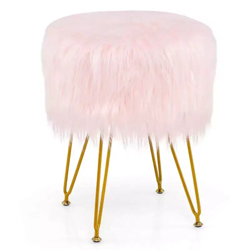 Costway Faux Fur Vanity Chair Makeup Stool Furry Padded Seat Round Ottoman Pink/White