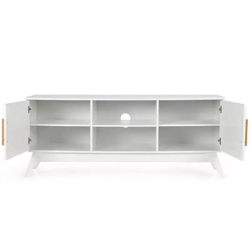 Meuble TV Costway – Console multimédia avec 2 placards en rotin et étagères ouvertes