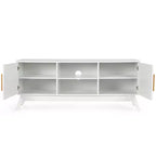 Meuble TV Costway – Console multimédia avec 2 placards en rotin et étagères ouvertes