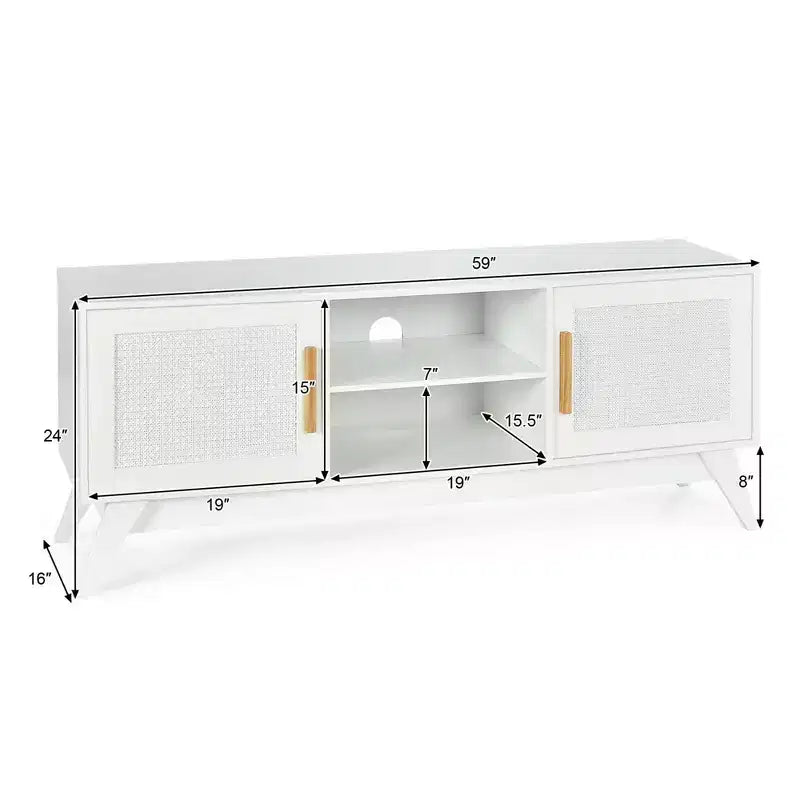 Meuble TV Costway – Console multimédia avec 2 placards en rotin et étagères ouvertes