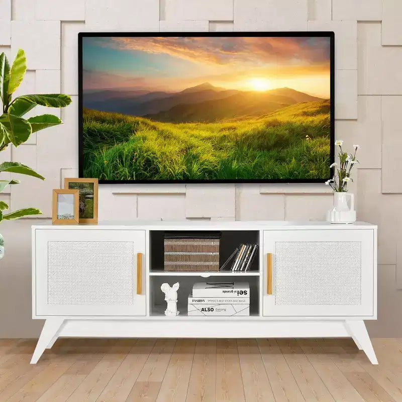 Meuble TV Costway – Console multimédia avec 2 placards en rotin et étagères ouvertes