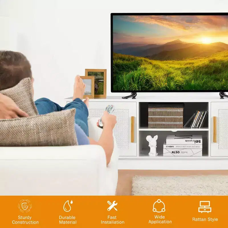 Meuble TV Costway – Console multimédia avec 2 placards en rotin et étagères ouvertes